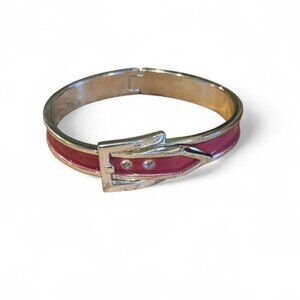 Vintage Pink Silver Enamel Belt Buckle Bracelet Silver Tone Hinged Bangle Y2K